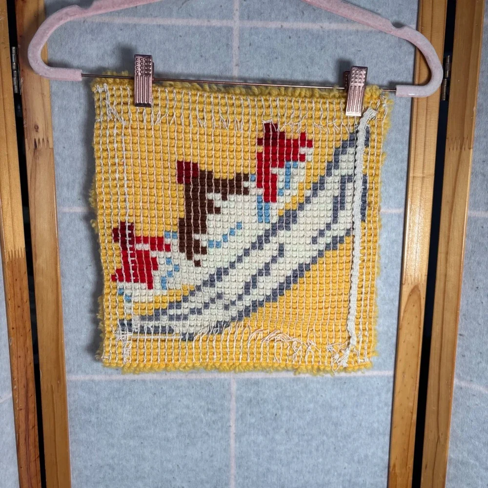Handmade‎ Yellow Rug Hooking Art Square 12x12 Banana Split Ice Cream Sundae